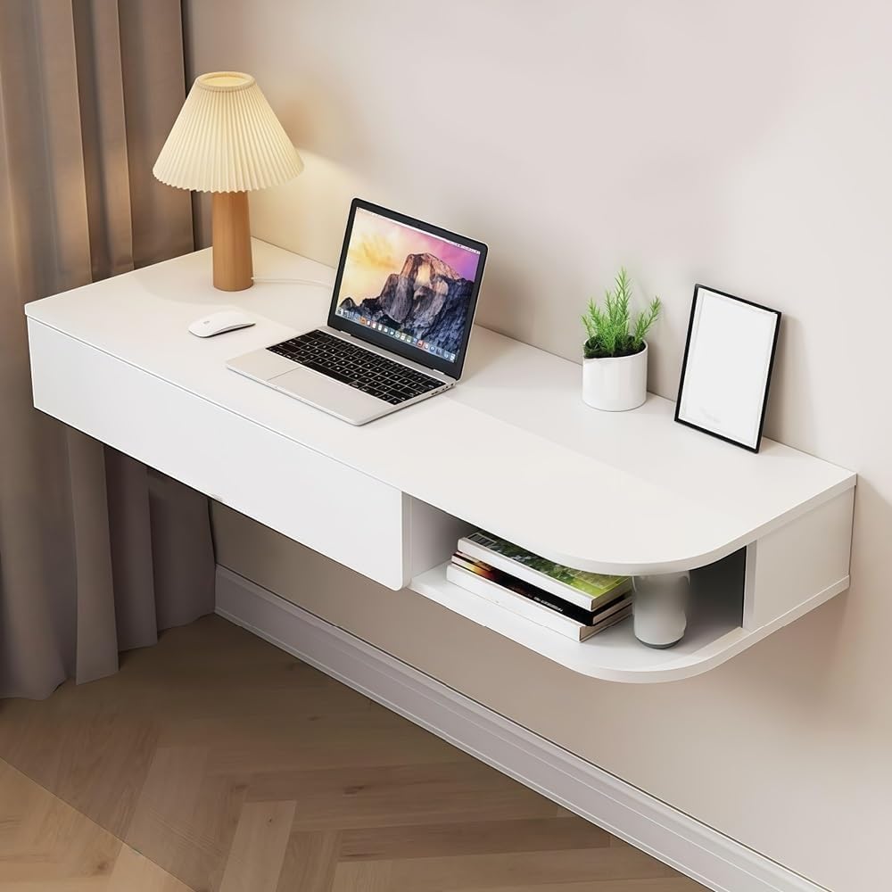 Wall-Mounted Desk with Storage Drawers Hanging Corner Vanity Table Wooden Computer Table Adjustable Bookshelf for Home Offices Practical(White Left,80 cm)