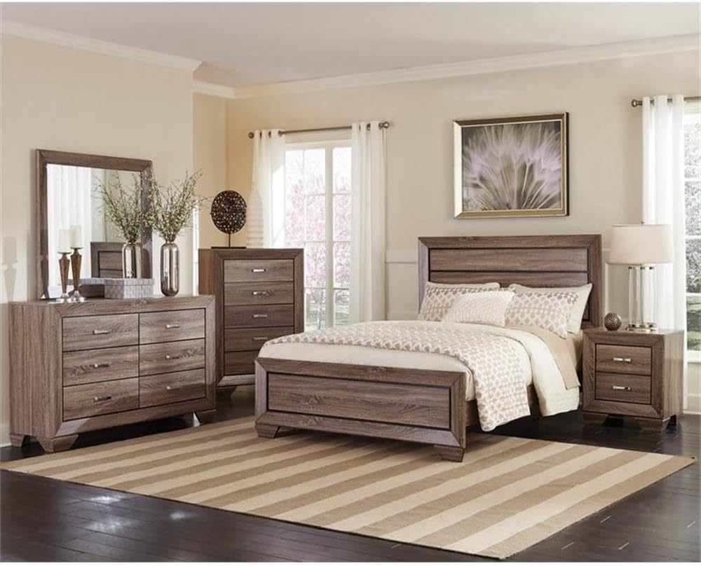 MAKLAINE Contemporary 4-Piece Eastern King Wood Bedroom Set, Washed Taupe Finish, Solid Asian Hardwood, Includes Bed, Dresser, Mirror, Nightstand, Oak Wood Grain, Chrome Handles, Transitional Style,