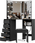 Corner Vanity Desk with Mirror and Led Lights - Makeup Table with 5 Drawers, Shelves, and Vanity Stool - Perfect for Bedroom or Bathroom, Black
