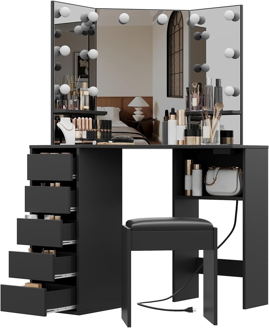 Corner Vanity Desk with Mirror and Led Lights - Makeup Table with 5 Drawers, Shelves, and Vanity Stool - Perfect for Bedroom or Bathroom, Black