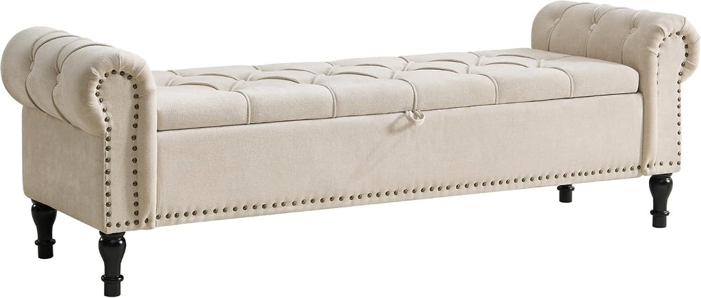 Storage Bed Bench for Bedroom, Chenille 67' End of Bed King Size Benches with Armrest, Tufted Button Upholstered Ottoman Bench for Living Room, Entryway, Camel