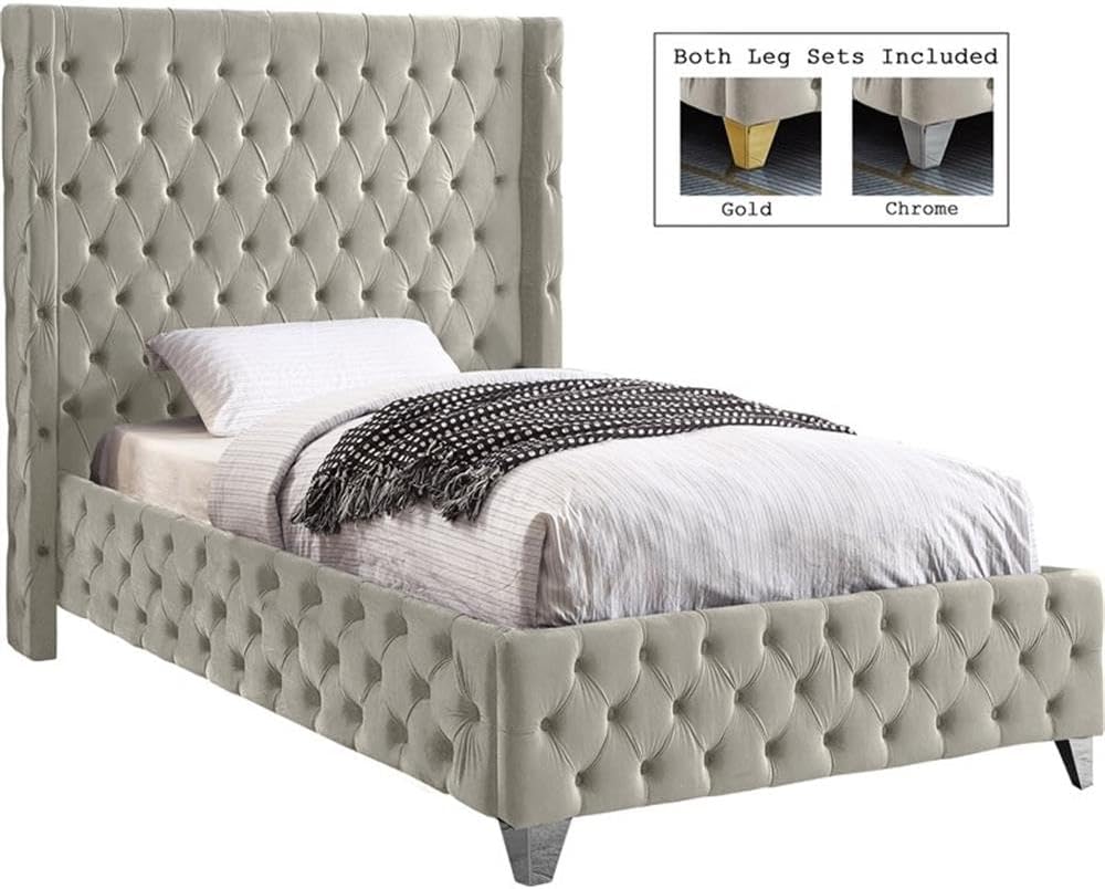 Meridian Furniture SavanCream-T Savan Collection Modern | Contemporary Velvet Upholstered Bed with Deep Button Tufting in Gold or Chrome Finish, 50' W x 81' D x 56' H, Cream, Twin