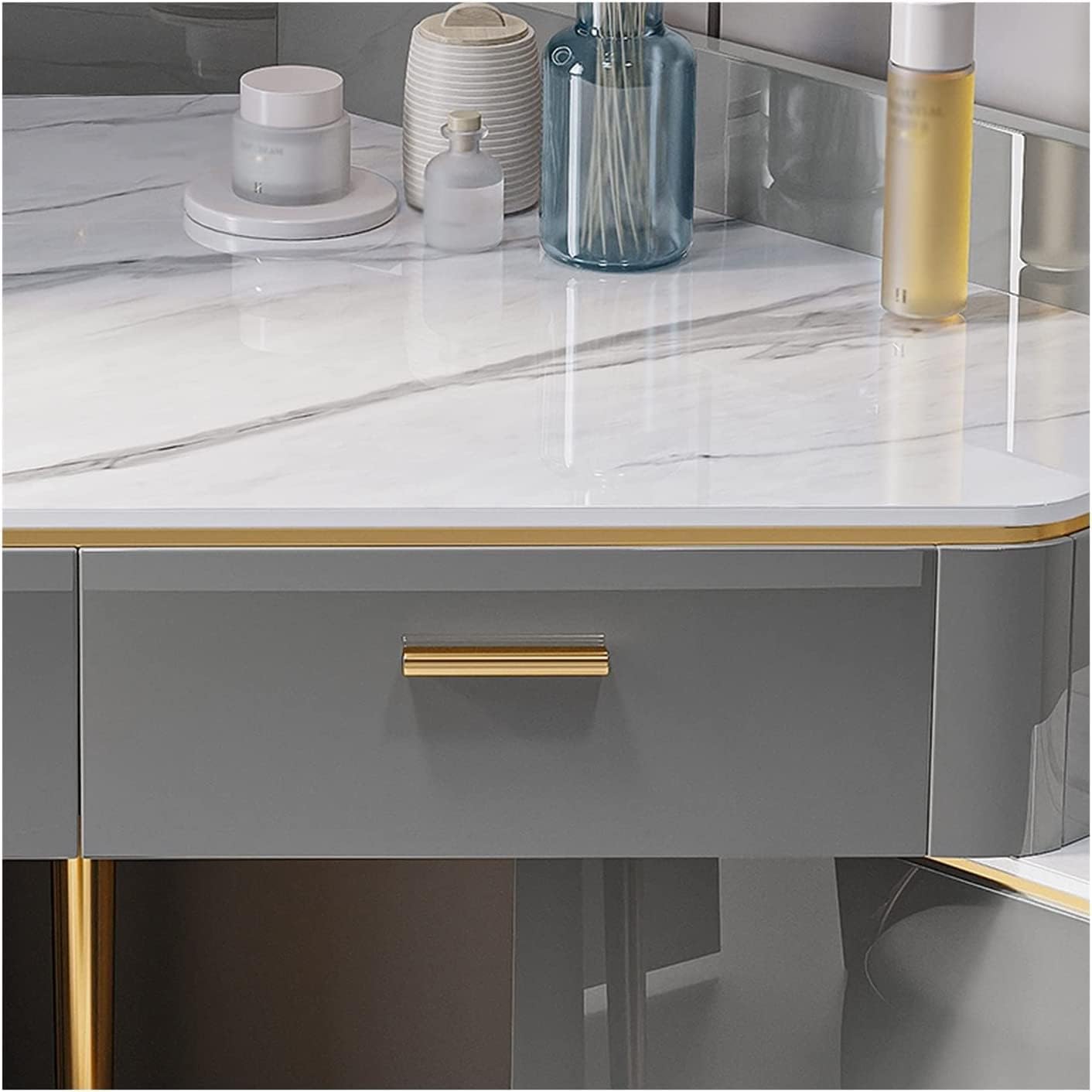 Corner Vanity Desk, Slate Desktop Dressing Table, with LED Lighted Mirror ＆ Drawers,Cosmetic Storage Cabinet,for Home