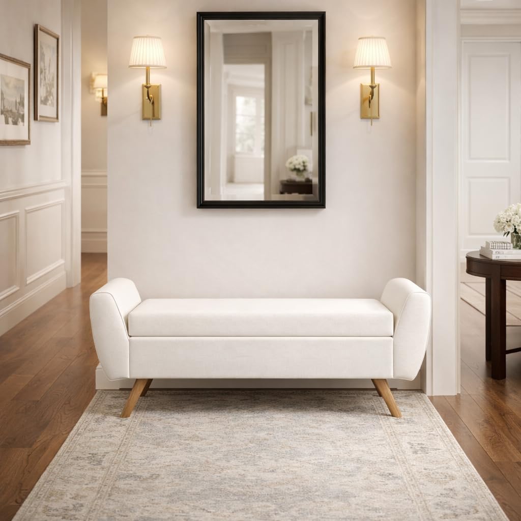 HomePop Modern Storage Bench with Wood Legs |Homepop Home Décor|Bench with Storage for Living Room & Bedroom - Cream Woven