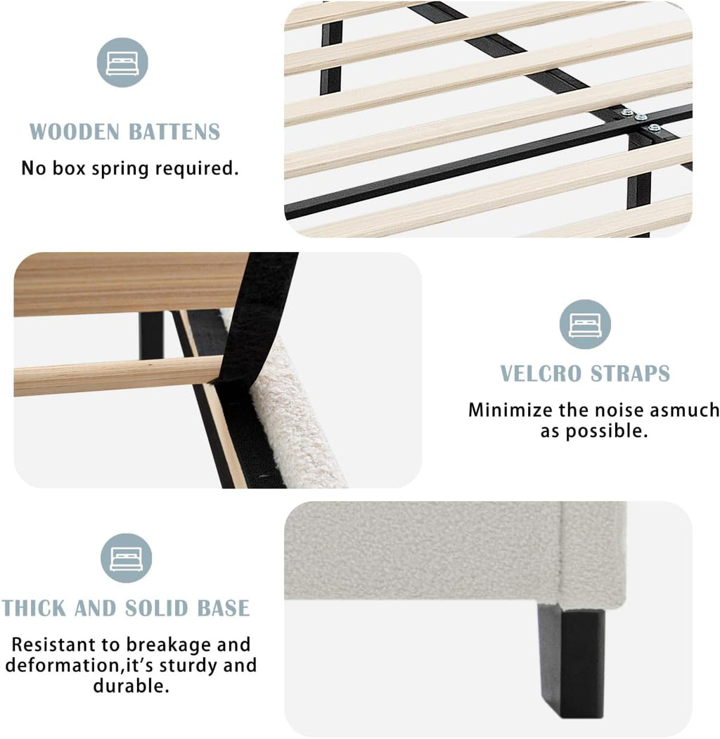 KEIKI Queen Size Velvet Upholstered Platform Bed, Metal Bed Frame w/Tall Wingback Headboard, Modern Solid Bedframe Queen-Size, Wood Slat Support, No Box Spring Needed, Easy Assembly, Ivory