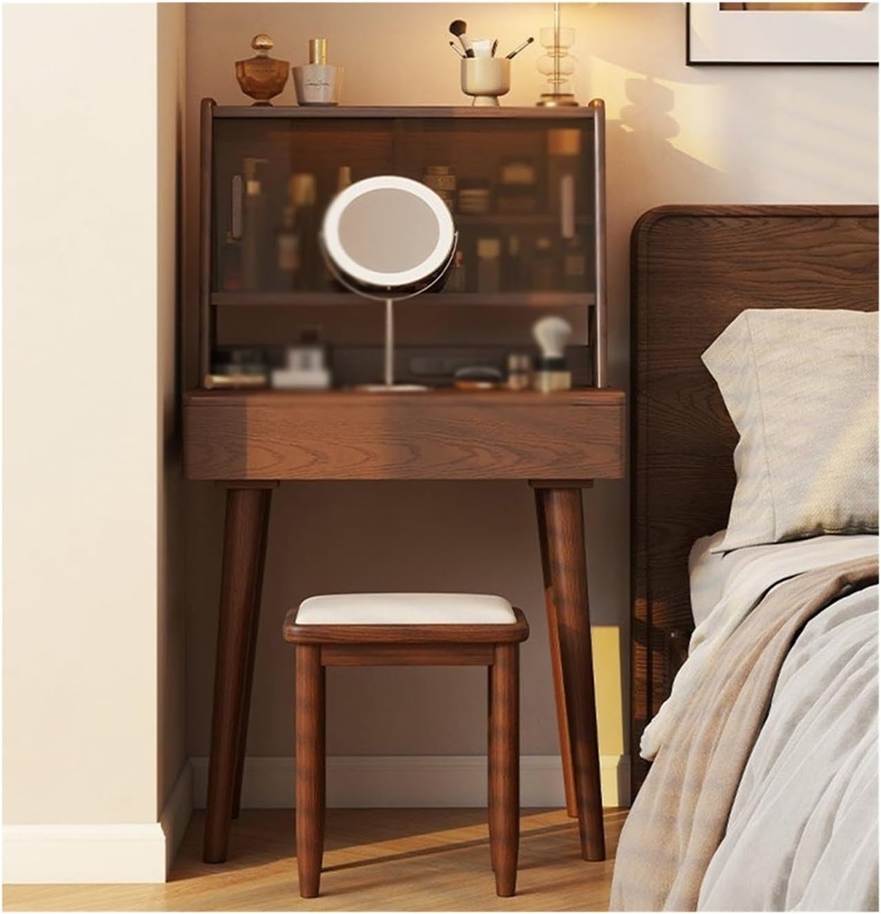 Dressing Table Vintage Solid Wood Vanity Dresser Set - Chic French Corner Makeup Table with Storage Cabinet