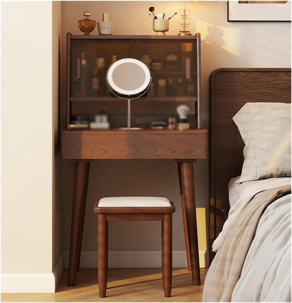 Makeup Dressing Table Vintage Solid Wood Vanity Dresser Set - Chic French Corner Makeup Table with Storage Cabinet Dressing Desk