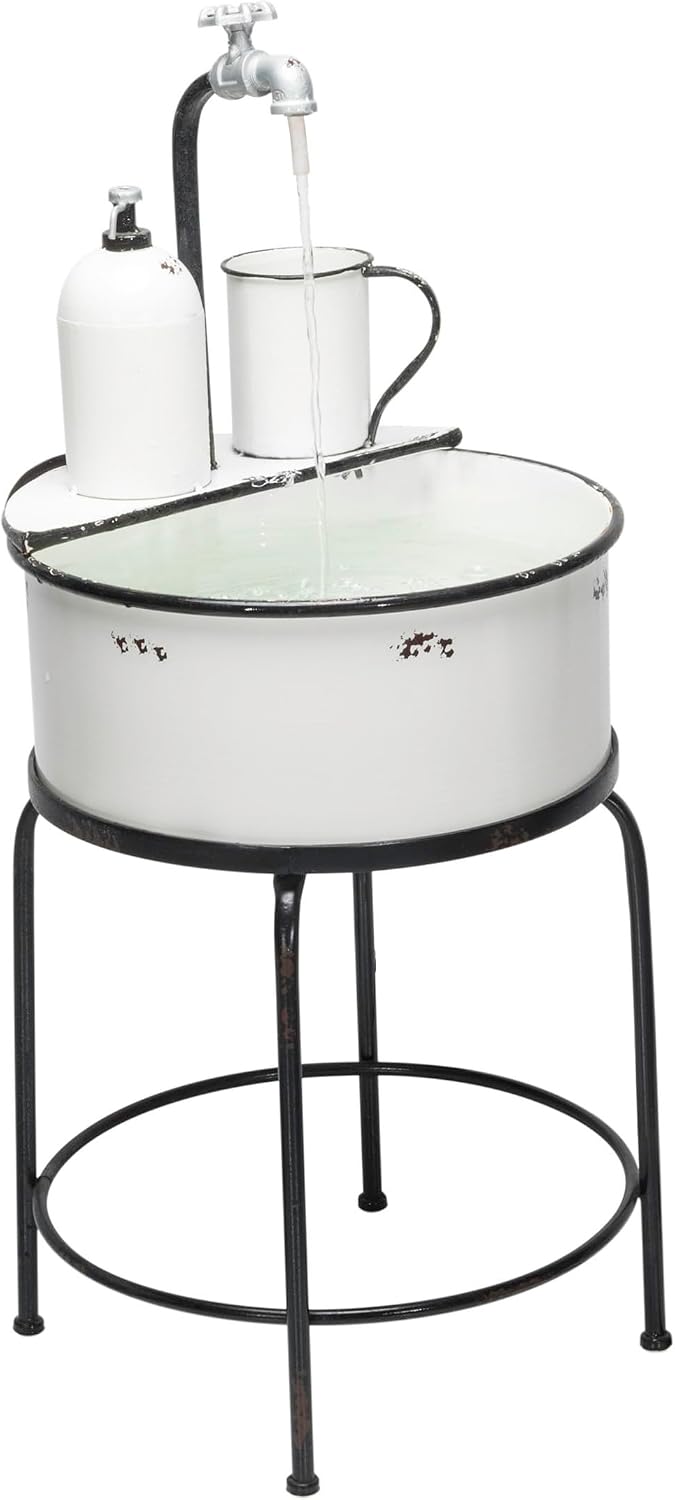 Alpine Corporation YHL168 Outdoor Vintage Metal Sink Water Floor Fountain with Stand, 34' Tall, White