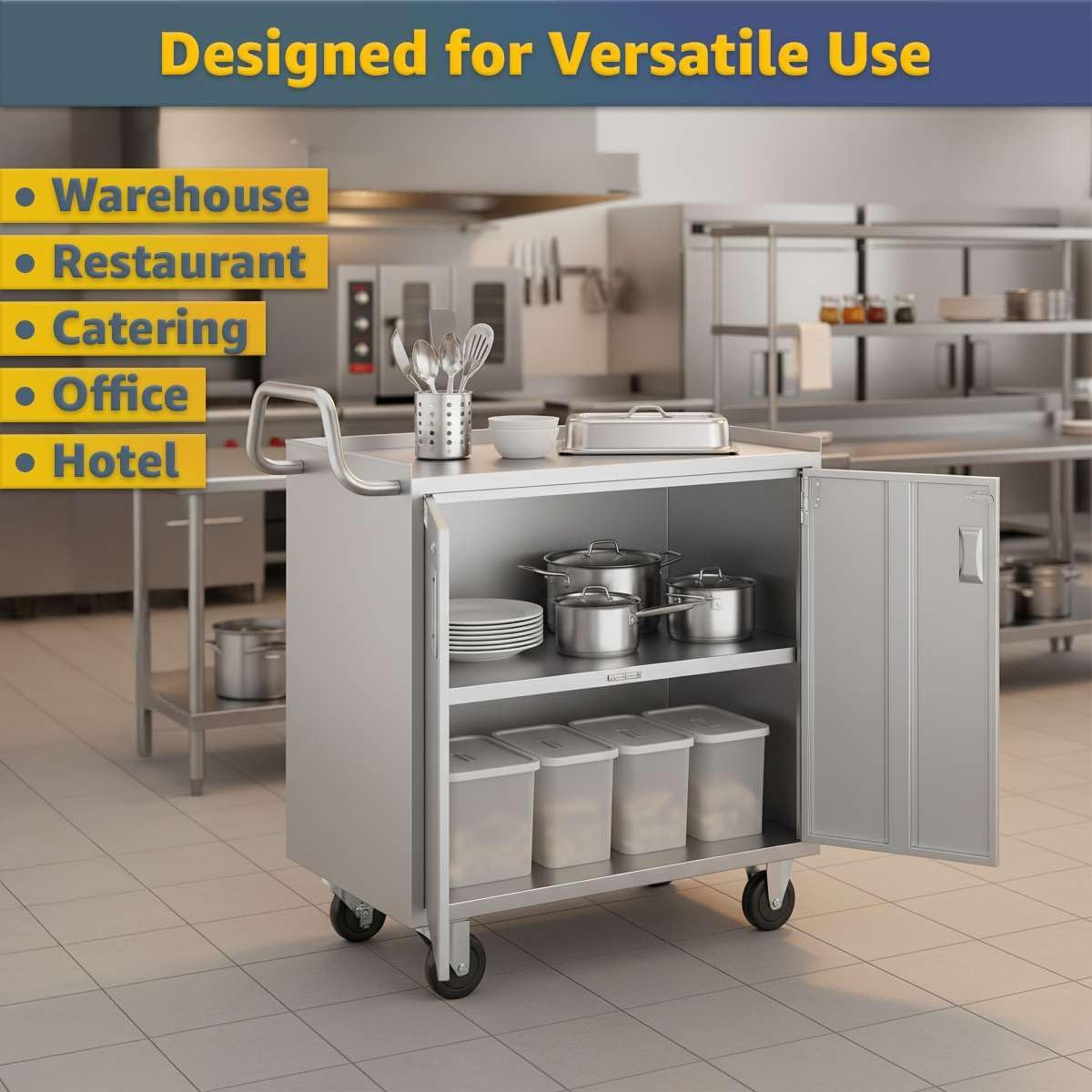 18' x 30' Stainless Steel Utility Cart with Enclosed Base and Locking Doors - Commercial NSF 3 Shelf Service Cart, Heavy-Duty Mobile Storage Cabinet for Kitchen, Catering, Restaurant Storage