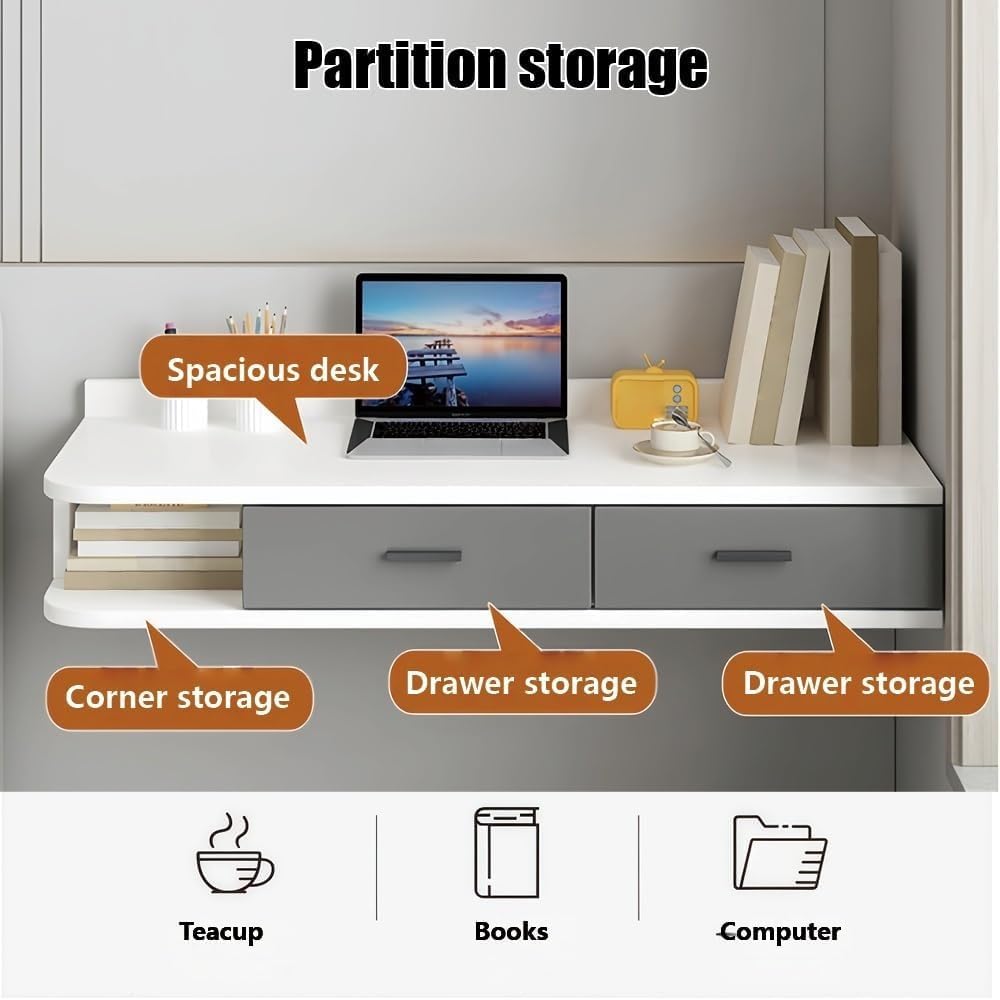 Floating Writing Desk with Storage Drawers Wall-Mounted Computer Table Hanging Corner Vanity Table Rounded Corners for Bedroom Long Lasting