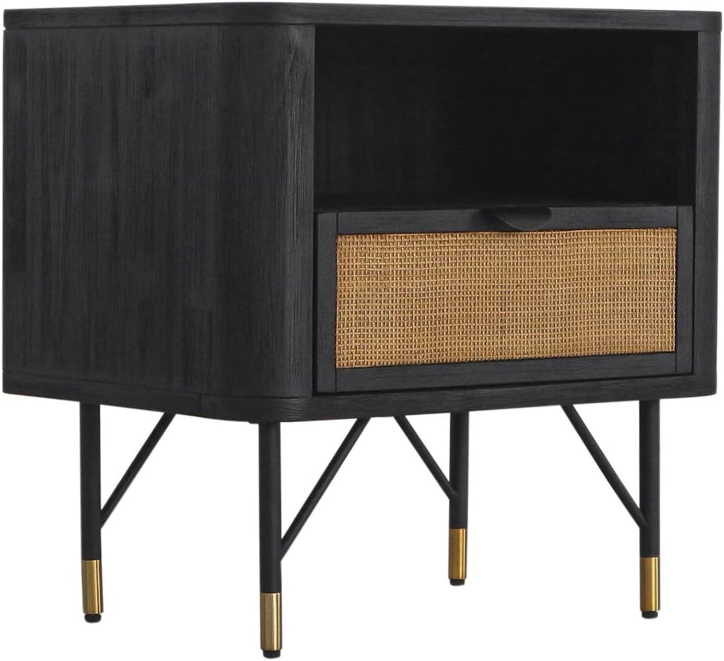 Armen Living Saratoga 4 Piece King Bedroom Set in Black Acacia Wood and Rattan