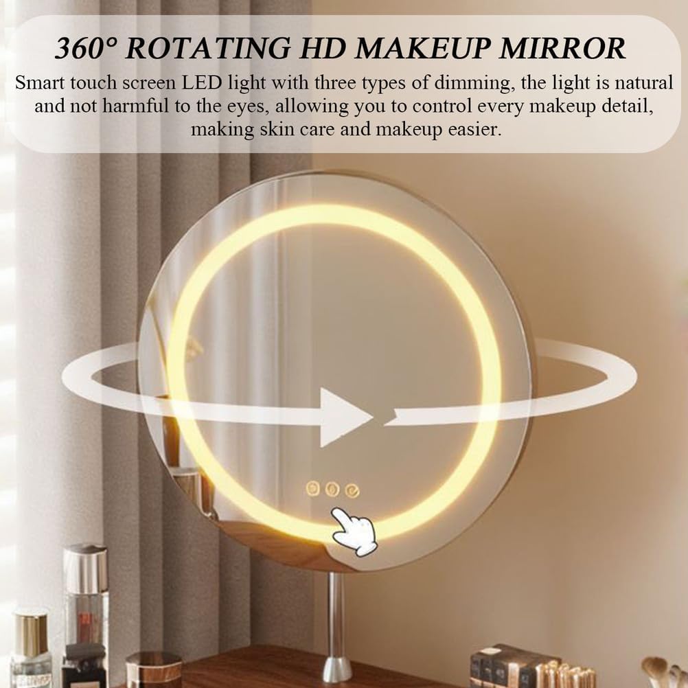 Small Makeup Vanity with LED Mirror, Compact Vanity with 3 Drawers Storage, Simple Wooden Design Corner Makeup Vanity Desk for Small Room, Nightstand Vanity 2 in 1,with Mirror ＆ Stool