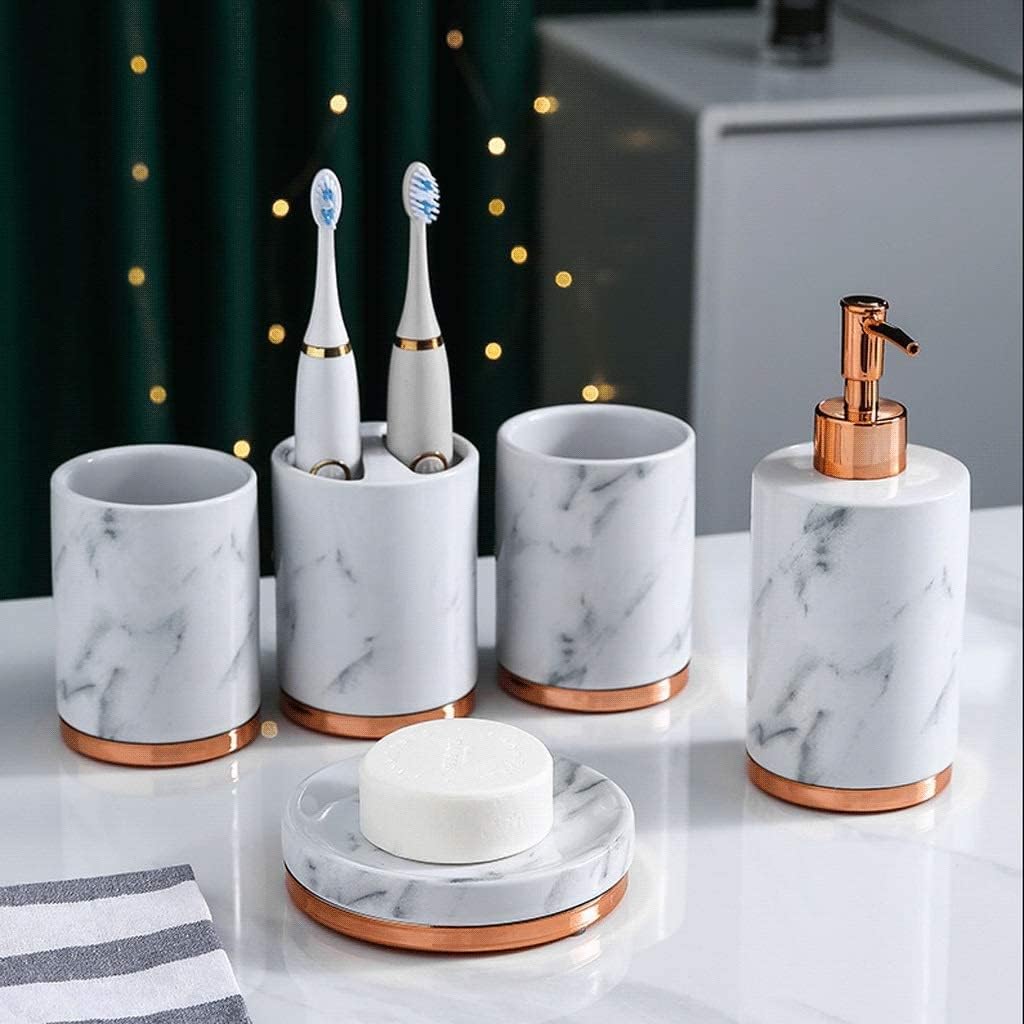 Vanity Bathroom Decor, Bathroom Accessory Set with Metal Base, 5 Piece Marble Pattern Bathroom Sets Accessories Soap Dispenser Soap Dish Housewarming Gift