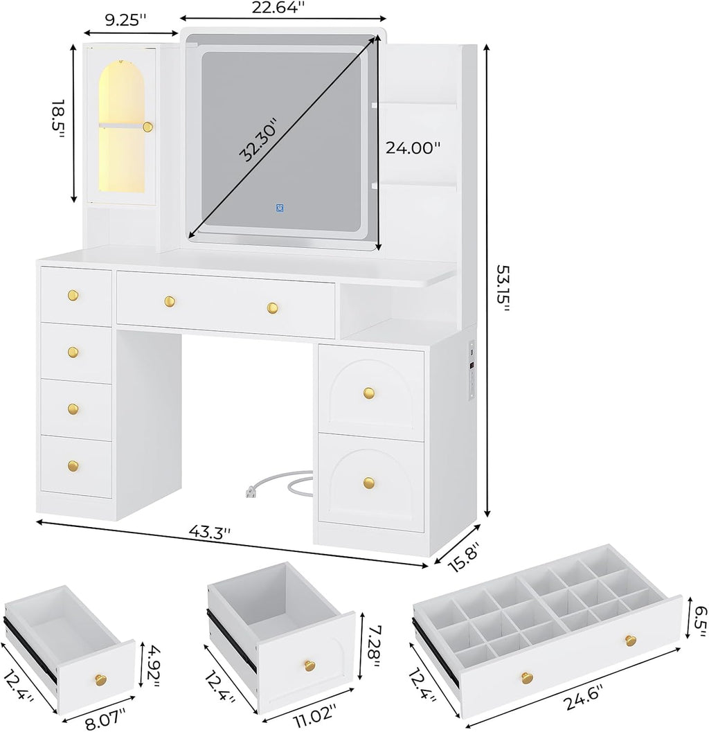 DICTAC Makeup Vanity Desk with Mirror and Lights, Large Vanity Table with Charging Station, 7 Drawers & 5 Hooks, RGB Lighted Glass Cabinet, Adjustable Shelf, for Bedroom & Bathroom, White