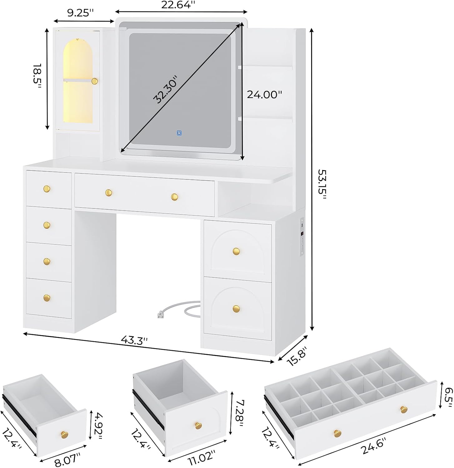 DICTAC Makeup Vanity Desk with Mirror and Lights, Large Vanity Table with Charging Station, 7 Drawers & 5 Hooks, RGB Lighted Glass Cabinet, Adjustable Shelf, for Bedroom & Bathroom, White