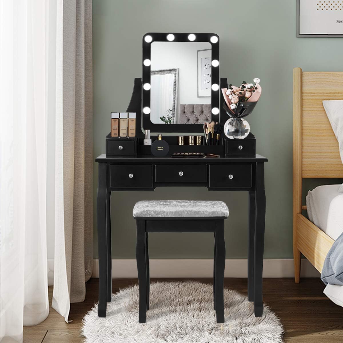 COSTWAY Vanity Desk Set with Lighted Mirror, 360° Swivel Vanity Mirror Desk with 10 LED Bulbs, Makeup Dressing Table with 5 Drawers, Vanity Table with Cushioned Stool for Bedroom, Women, Girls (Black)
