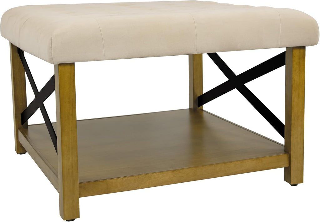 Upholstered Bench with Wood Frame and Shelf, Beige