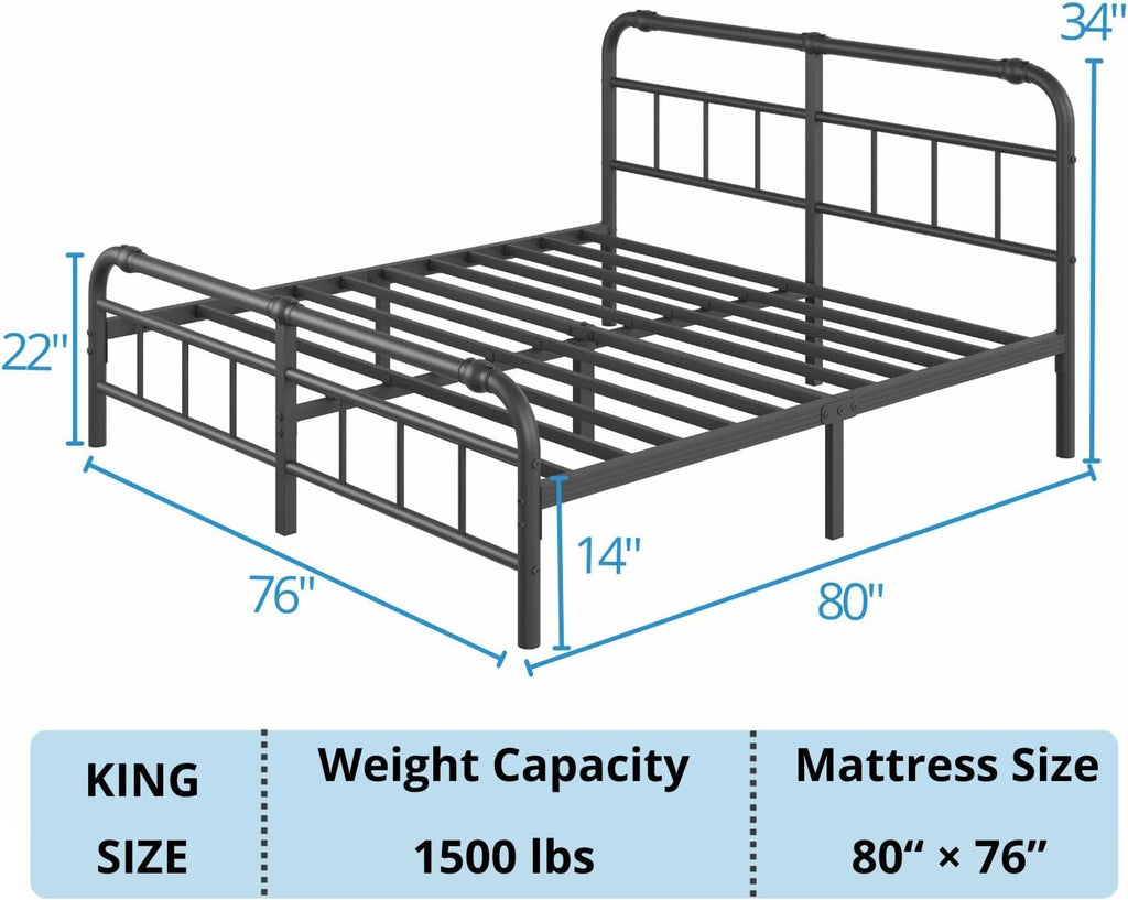 ZIYOO King Bed Frame with Headboard and Footboard, 14 Inch Heavy Duty Metal Platform Bed, 1500 lb Weight Capacity, No Box Spring Needed, Noise Free Easy Assembly, Black