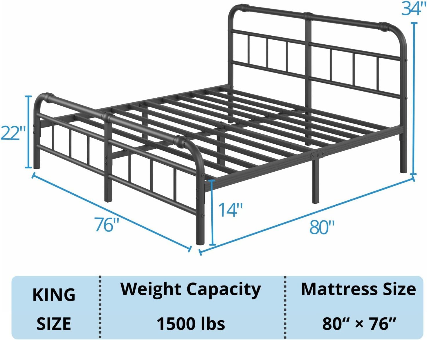 ZIYOO King Bed Frame with Headboard and Footboard, 14 Inch Heavy Duty Metal Platform Bed, 1500 lb Weight Capacity, No Box Spring Needed, Noise Free Easy Assembly, Black