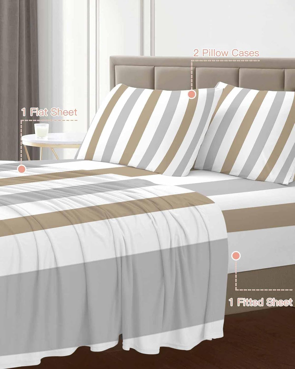 Brown Grey Striped King Sheet Set 4 Piece Bedding - Geometric Vertical Stripes White Breathable Comfy Cooling Bed Sheets & Pillowcase Sets,Hotel Luxury Flat Sheets Deep Pockets Fitted Sheet for Women