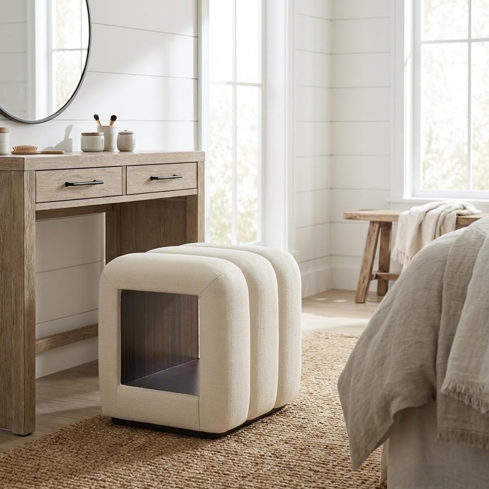 Michael Amini Belmont Brown Vanity Bench with Cream Upholstery, Solid and Manufactured Rubberwood Construction, Cushioned Seat, Durable Frame for Bedroom and Dressing Area