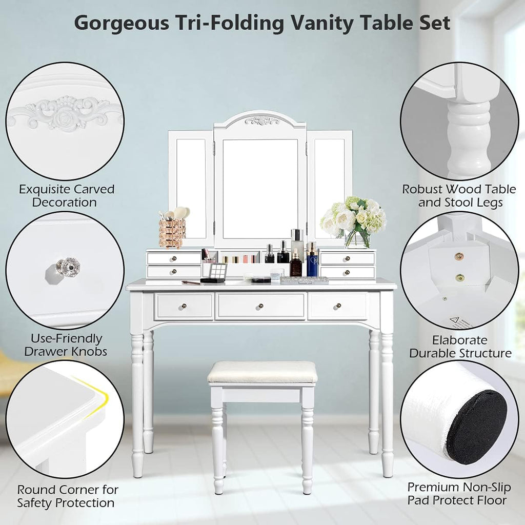 DORTALA Makeup Vanity Table Set w/ 7 Drawers, Removable Tri-Folding Mirror w/ 8 Jewelry Necklace Hooks, Dressing Table w/Open Storage Box & Cushioned Stool, Solid Wood Legs,White