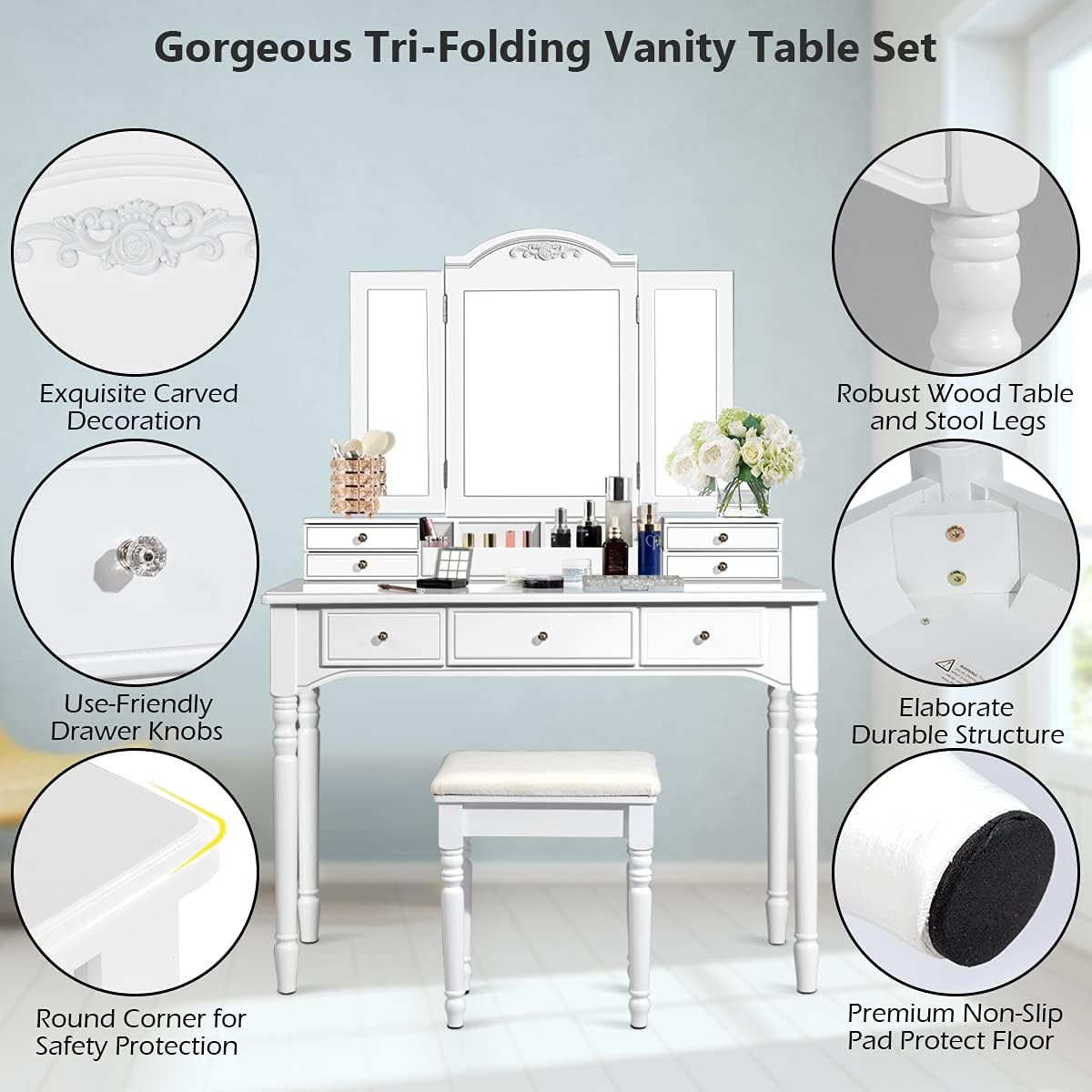 DORTALA Makeup Vanity Table Set w/ 7 Drawers, Removable Tri-Folding Mirror w/ 8 Jewelry Necklace Hooks, Dressing Table w/Open Storage Box & Cushioned Stool, Solid Wood Legs,White
