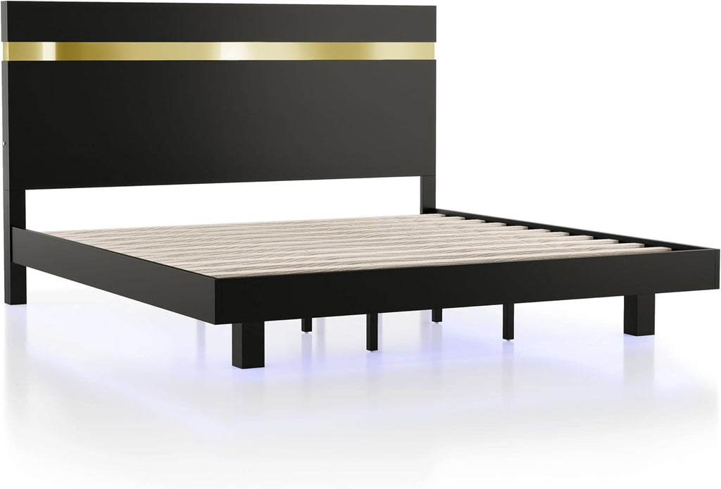 Furniture of America Ansten Modern Wood 6-Piece Platform Bedroom Set with Gold Trim, Underbed LED, Dust Proof Cases, Bracketed Metal Legs, No Box Spring Needed, Full, Black