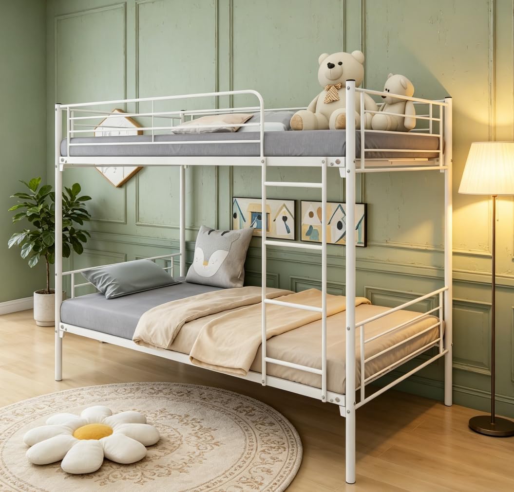 Bellemave Twin Over Twin Bunk Beds, Metal Bunk Bed Frame with Ladder and Full-Length Guardrail for Kids, Adults, Can be Split, White