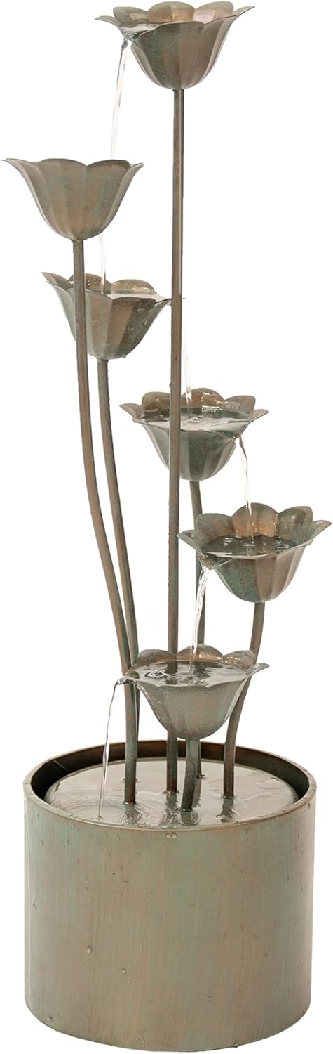 XBrand 35' Tall Silver Metal Sculptural Flower Multi-Tier Freestanding Water Fountain for Indoor & Outdoor Use, Decorative Garden Patio Backyard Water Feature