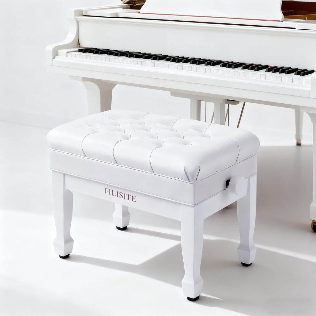 Adjustable Height Piano Bench with Storage, Heavy Duty Solid Wood Piano Stool Keyboard Bench with PU Leather Padded Cushion(White)