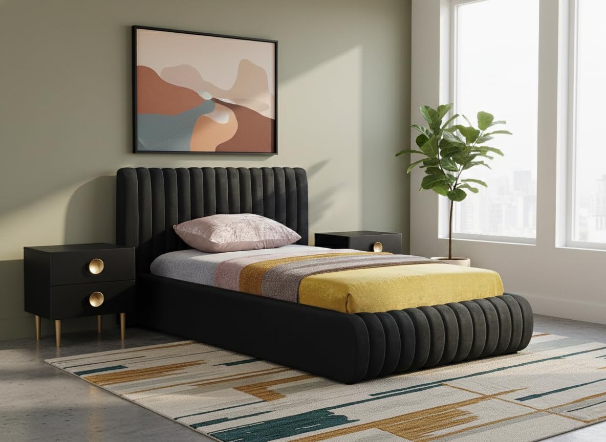 Meridian Furniture NicoBlack-T Nico Collection Modern | Contemporary Velvet Upholstered Twin Bed with Rich Black Velvet and Deep Channel Tufting, 53' W x 86' D x 38' H, Black, Twin