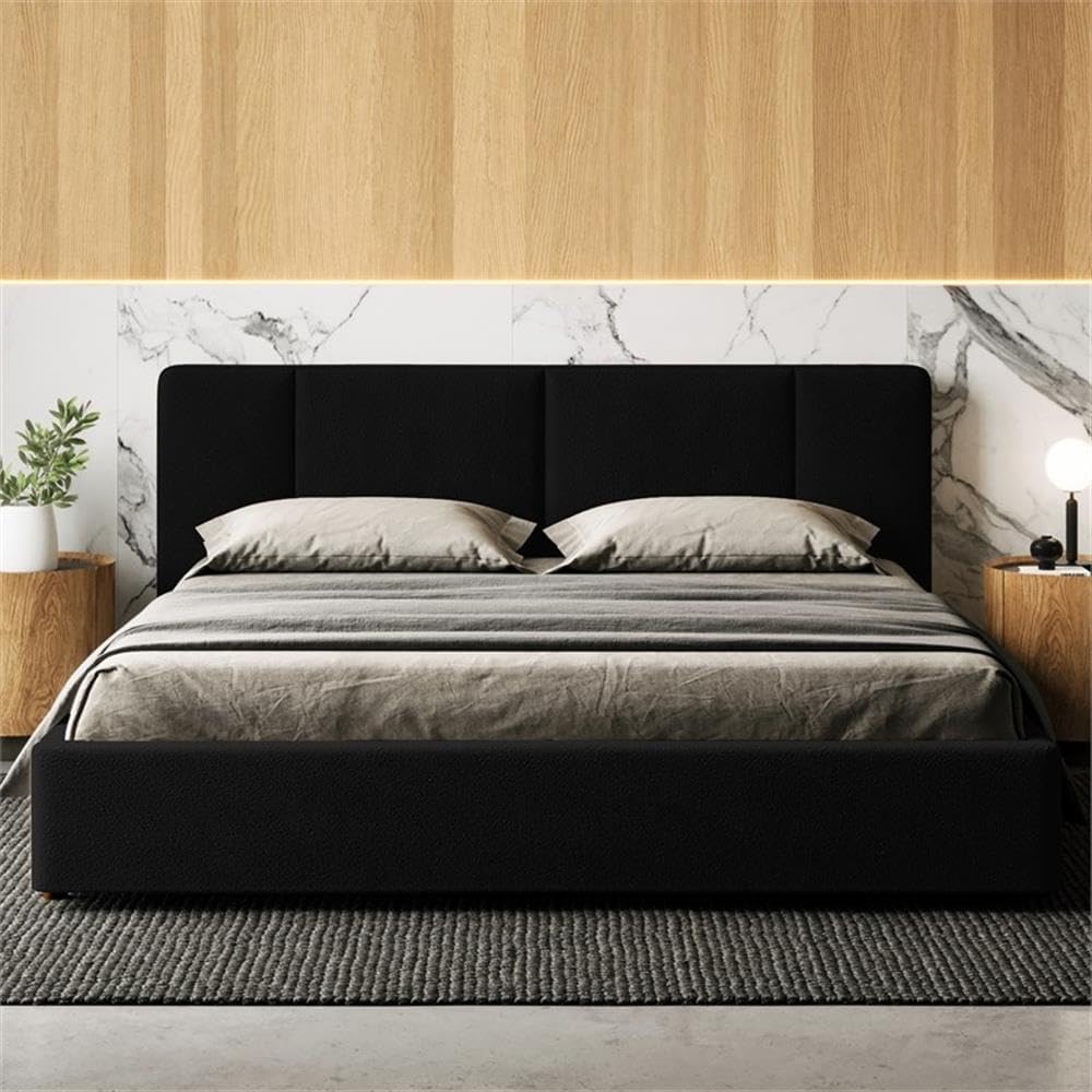 Venice Upholstered Platform Bed | Box Spring Not Required | (Black Boucle, King Bed Frame)