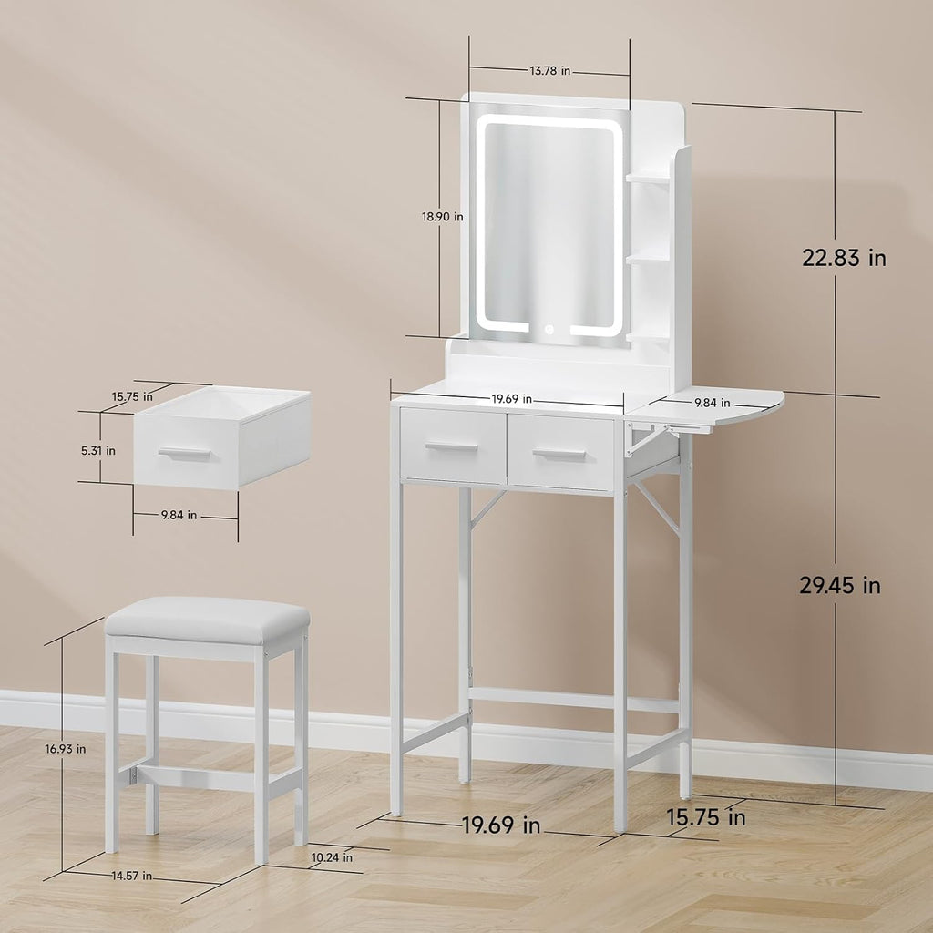 Small Vanity Desk for Compact Space: Mini Makeup Table Set for Bedroom - Tiny White Vanity with Mirror for Girls