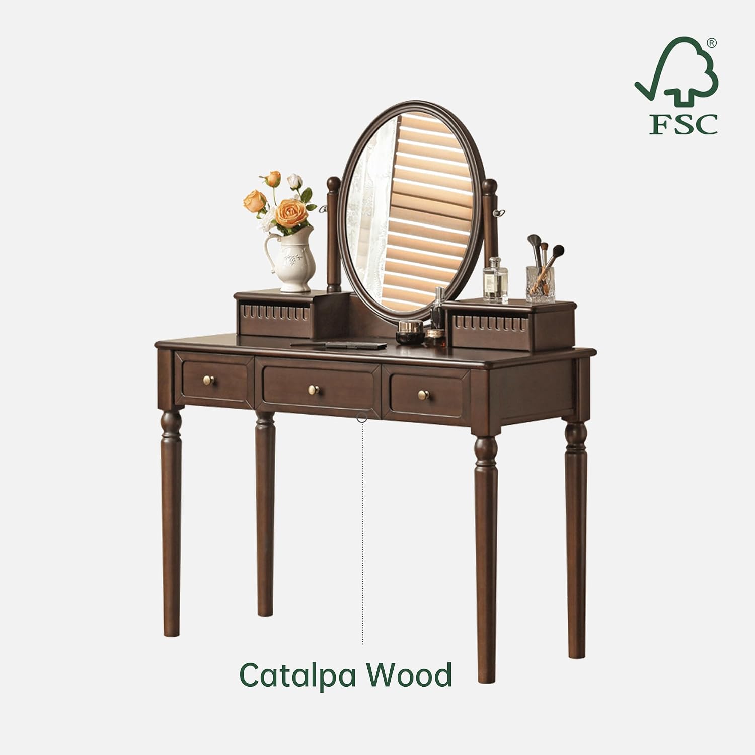 Solid Wood Vanity Desk with Mirror, Walnut Vintage Dressing Table for Bedroom, Antique Catalpa Makeup Table, 43' W x 18' D x 56' H