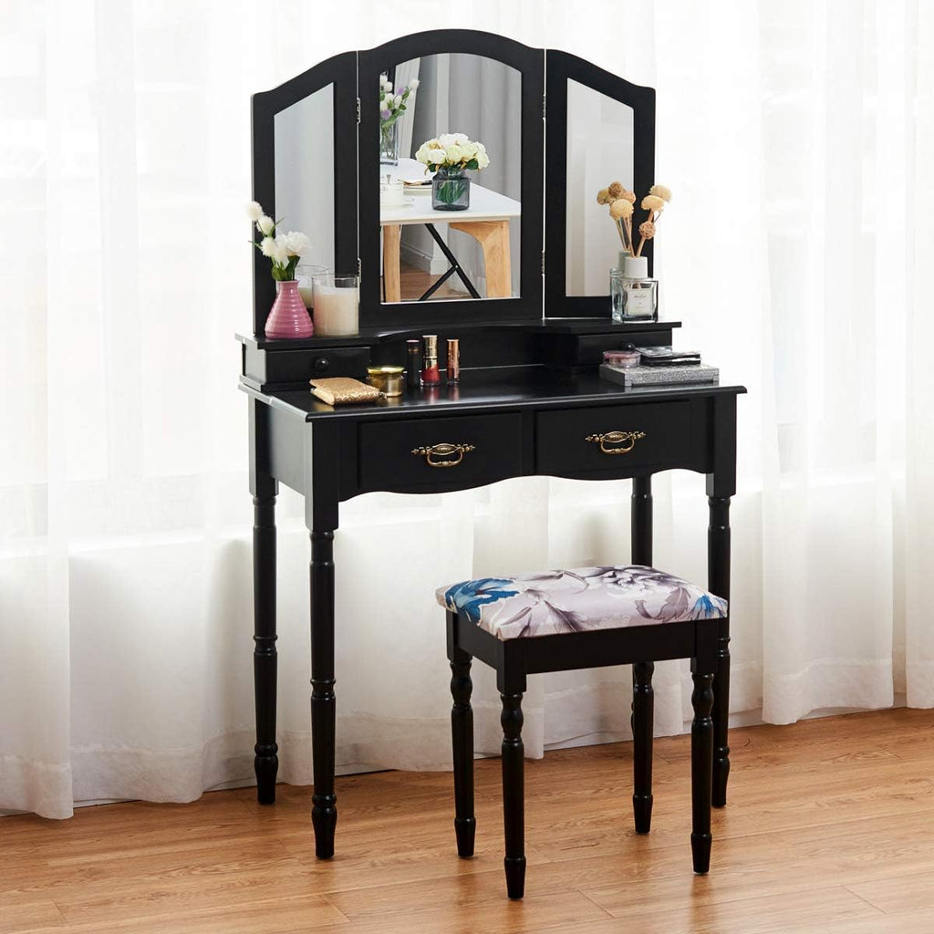 Giantex Vanity Table Set with Tri-Folding Mirror, Makeup Dressing Table with 4 Drawers, Bedroom Vanity with Padded Stool, Room Desk Vanities, Black