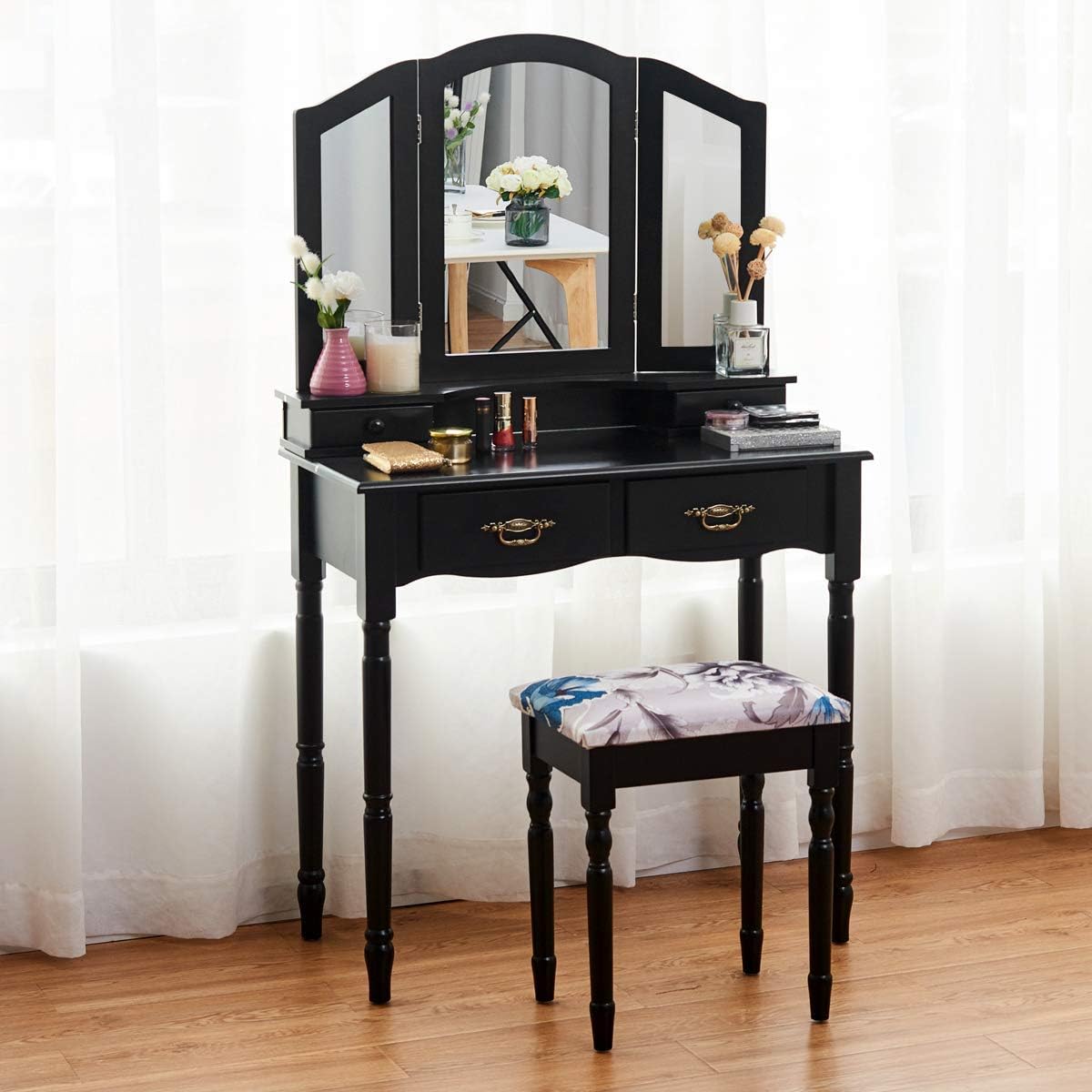 Giantex Vanity Table Set with Tri-Folding Mirror, Makeup Dressing Table with 4 Drawers, Bedroom Vanity with Padded Stool, Room Desk Vanities, Black