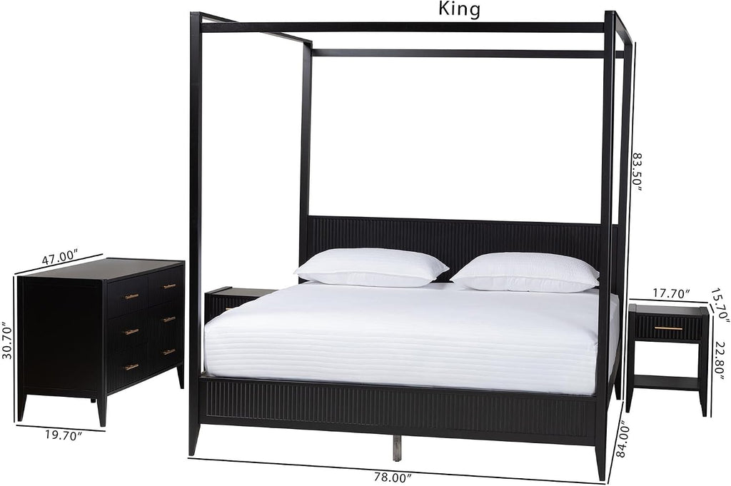 Baxton Studio Primrose Fluted Wood Canopy Bed Set, 4-Piece, King, Black