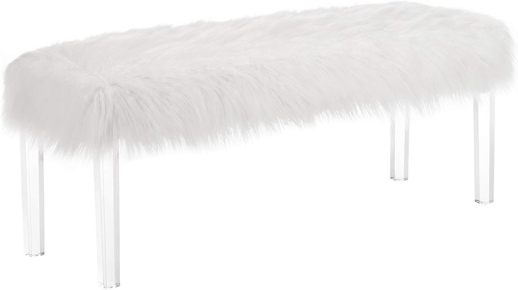 Roundhill Furniture Valley White Faux Fur Bench with Acrylic Legs