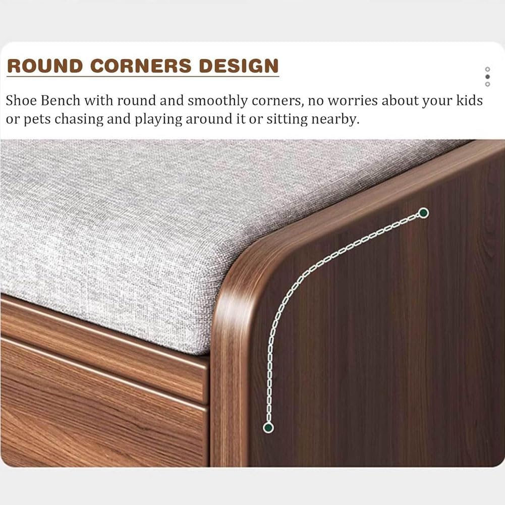 Solid Wood Shoe Bench, Open Shoe Storage Rack with Soft Seat Cushion and Round Corners Ample Seating Space Wide Horizontal Board for Stable Load-Bearing Walnut Colour 60cm