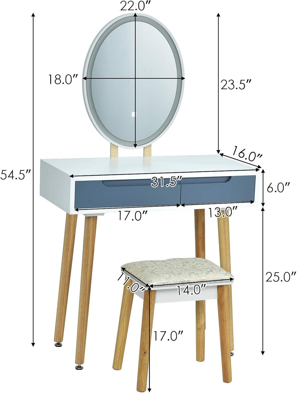 CHARMAID Vanity Set with Lighted Mirror, 3 Modes Adjustable Brightness Mirror, Makeup Dressing Table with Cushioned Stool, 2 Sliding Drawers with Divider, Modern Bedroom Vanity for Girls Women (Gray)