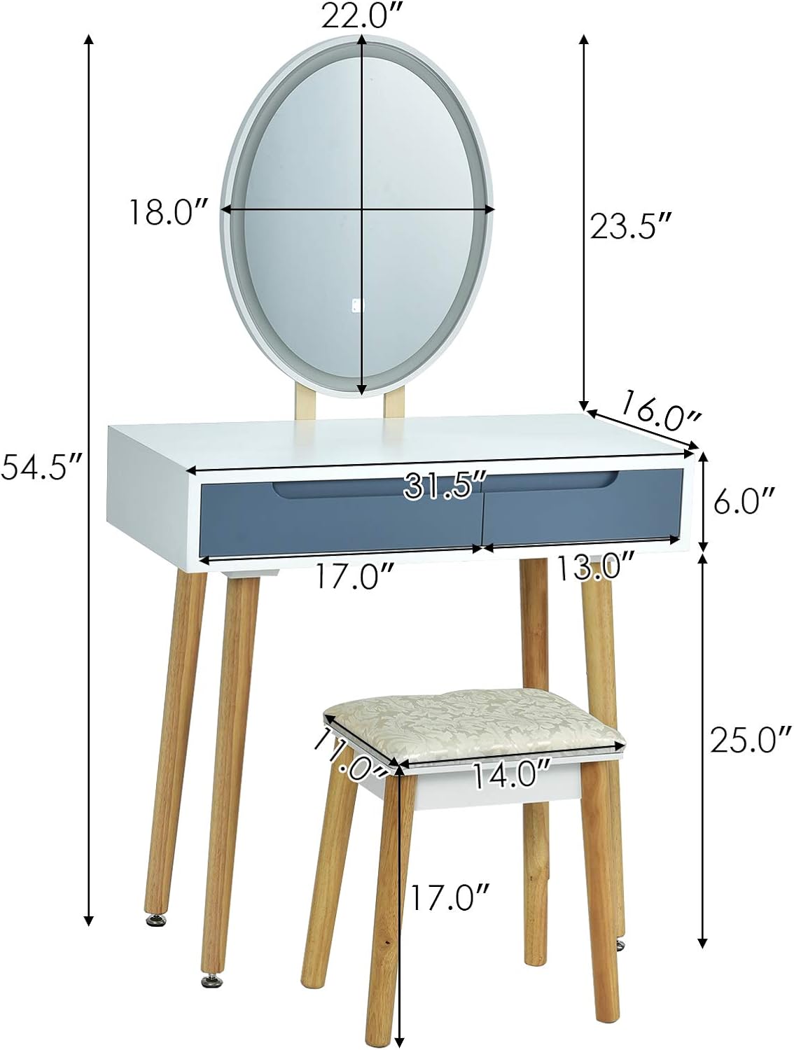 CHARMAID Vanity Set with Lighted Mirror, 3 Modes Adjustable Brightness Mirror, Makeup Dressing Table with Cushioned Stool, 2 Sliding Drawers with Divider, Modern Bedroom Vanity for Girls Women (Gray)