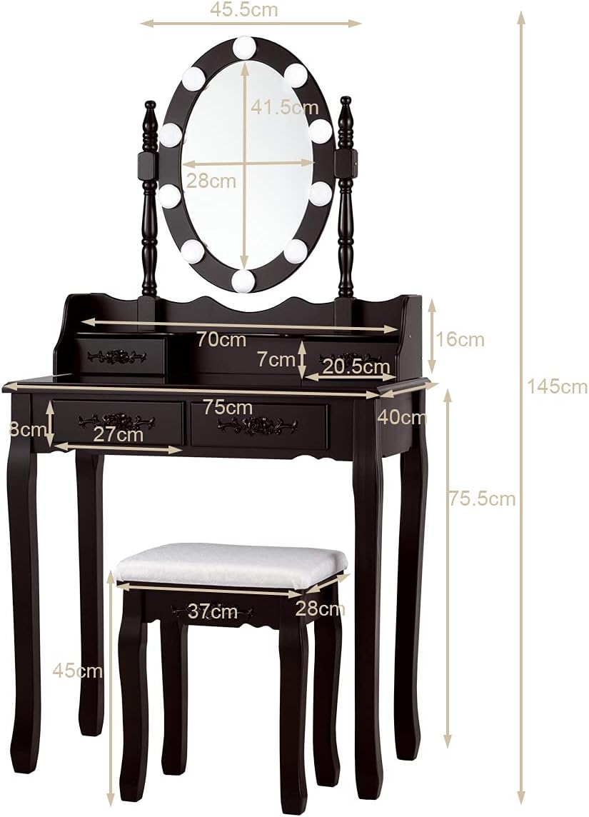 DORTALA Vanity Table Set, Makeup Dressing Table with 10 Dimmable Bulbs Lighted Mirror & 4 Drawers, Cushioned Stool, Solid Wood Leg, Classic Dressing Table Set for Home, Salon, Brown