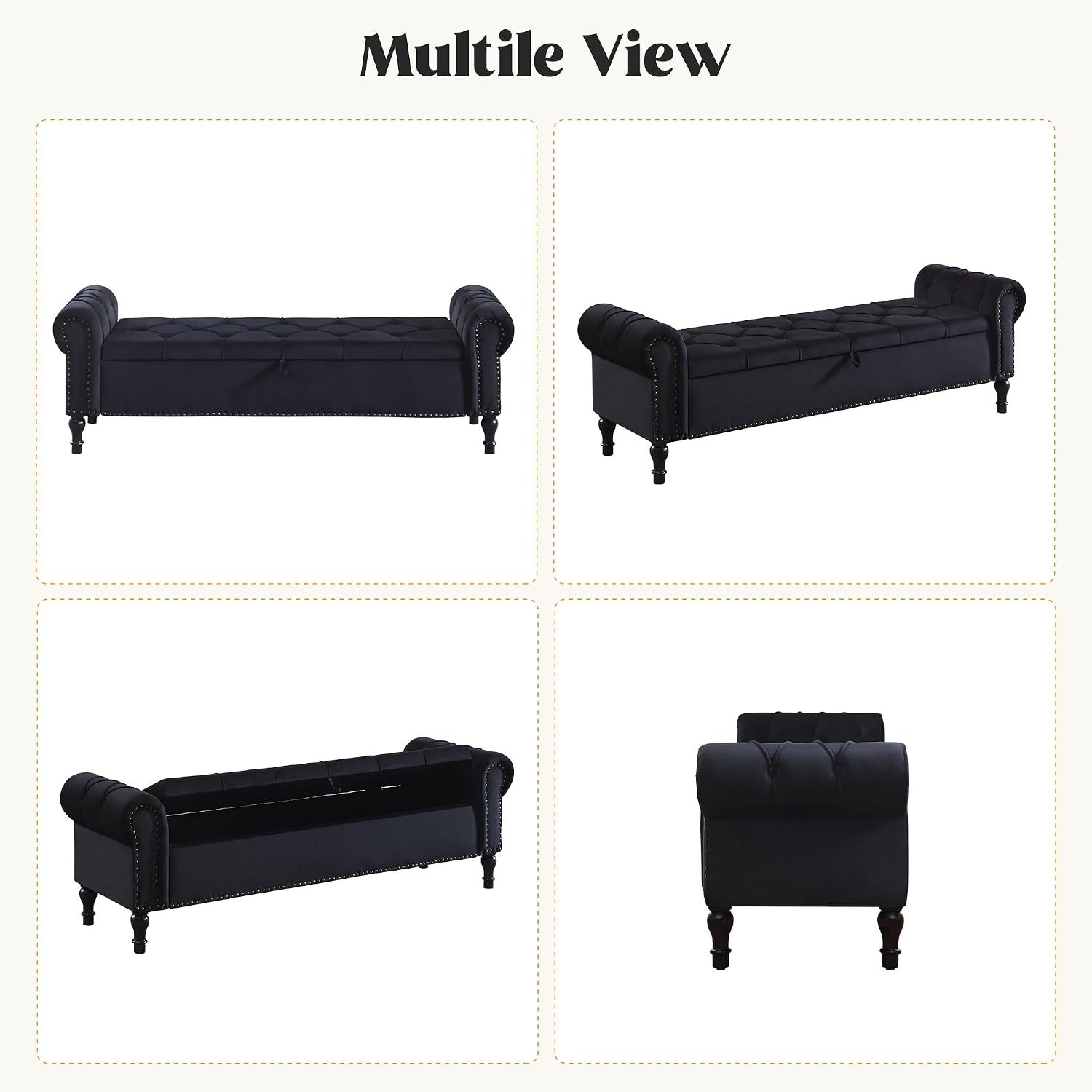 Storage Bed Bench for Bedroom, 67 Inches End of Bed Bench, Velvet King Size Bench with Arms, Tufted Button Storage Ottoman Benches, Upholstered Bench for Bedroom, Living Room, Entryway, Black