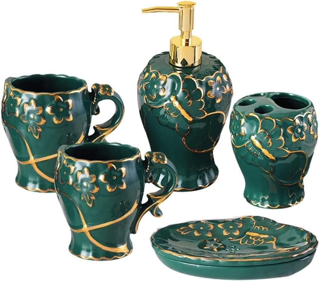 Vanity Bathroom Decor, Bathroom Accessory Set Dark Green Luxurious Embossed Pattern Ceramics Bath Set for Housewarming Gift Housewarming Gift(5-Piece Set)