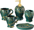 Vanity Bathroom Decor, Bathroom Accessory Set Dark Green Luxurious Embossed Pattern Ceramics Bath Set for Housewarming Gift Housewarming Gift(5-Piece Set)