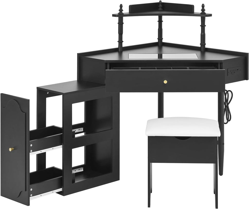 Glass Tabletop Vanity Desk with Removable Pull-Out Side Cabinet Triangle Makeup Table with Storage Chair Corner Dresser with Drawer and 2 Spacious Shelves for Bedroom, Black