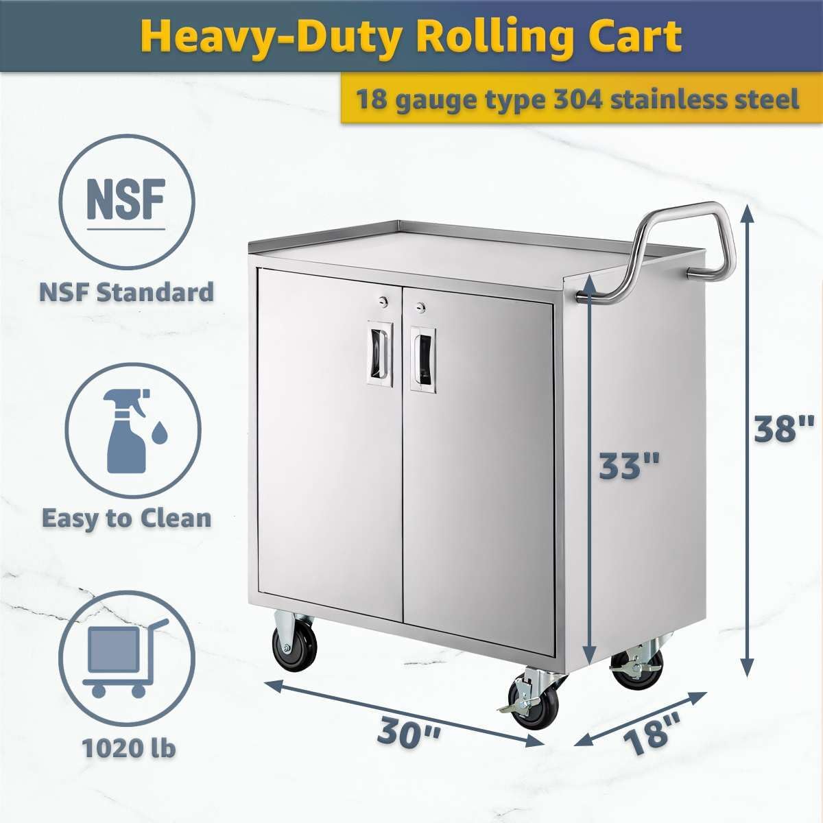18' x 30' Stainless Steel Utility Cart with Enclosed Base and Locking Doors - Commercial NSF 3 Shelf Service Cart, Heavy-Duty Mobile Storage Cabinet for Kitchen, Catering, Restaurant Storage