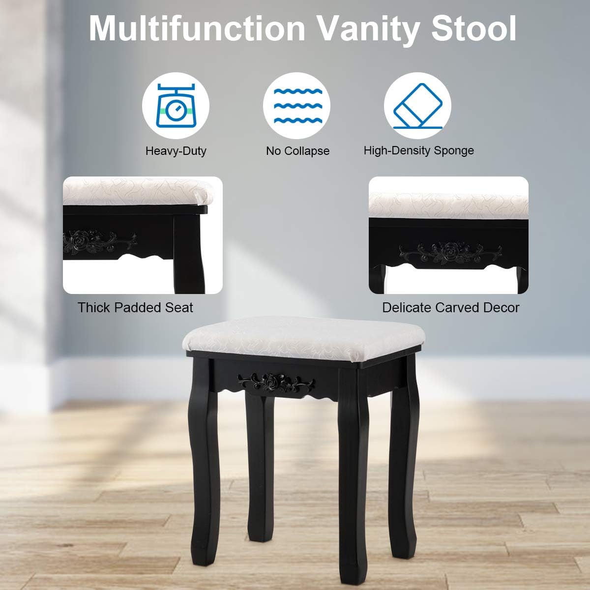 DORTALA Vanity Table Set, Makeup Dressing Table with 10 Dimmable Bulbs Lighted Mirror & 4 Drawers, Cushioned Stool, Solid Wood Leg, Classic Dressing Table Set for Home, Salon, Black