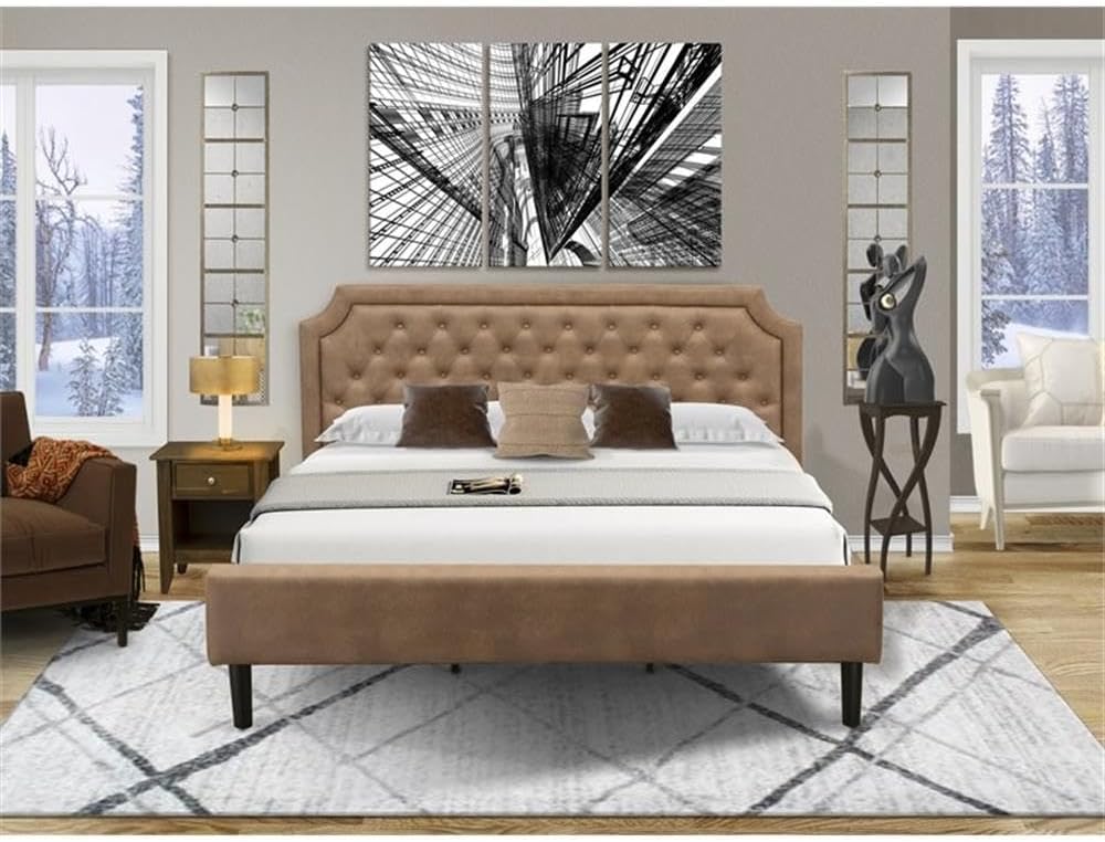 East West Furniture GB28K-1GA08 2-Piece Platform King Size Bedroom Set with Button Tufted King Frame and 1 Antique Walnut Night Stand - Brown faux Leather with Brown Texture and Black Legs